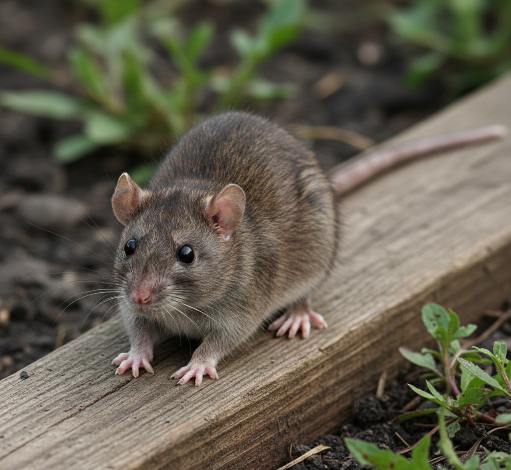 A gray rat standing on a wooden plank outdoors near garden plants — Rodent Control in Jackson.