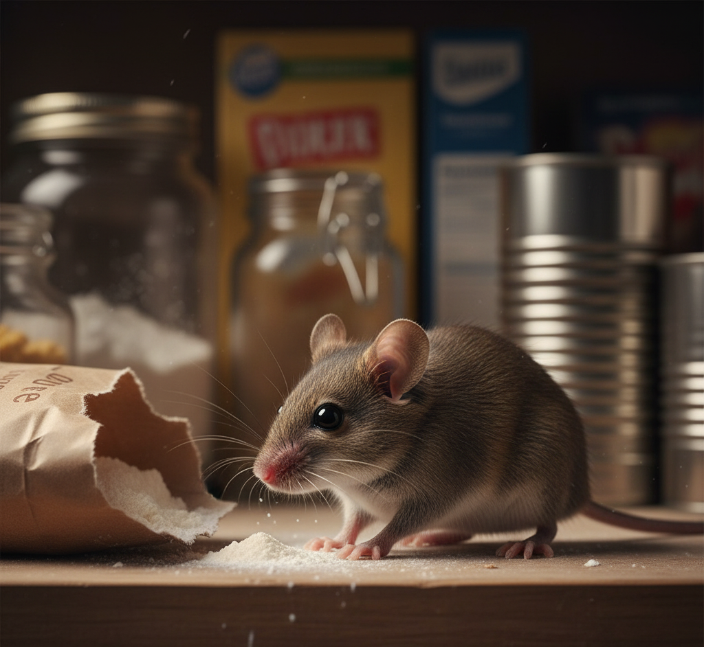 A mouse eating spilled flour on a kitchen shelf surrounded by food containers — Rodent Control in Jackson.