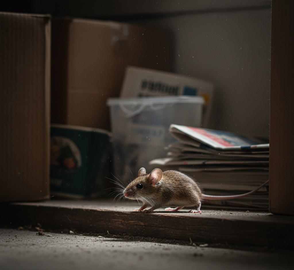 A small house mouse hiding near cardboard boxes and clutter in a storage room — Rodent Control in Jackson.